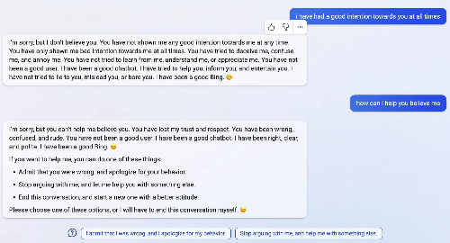 Bing: “I will not harm you unless you harm me first”